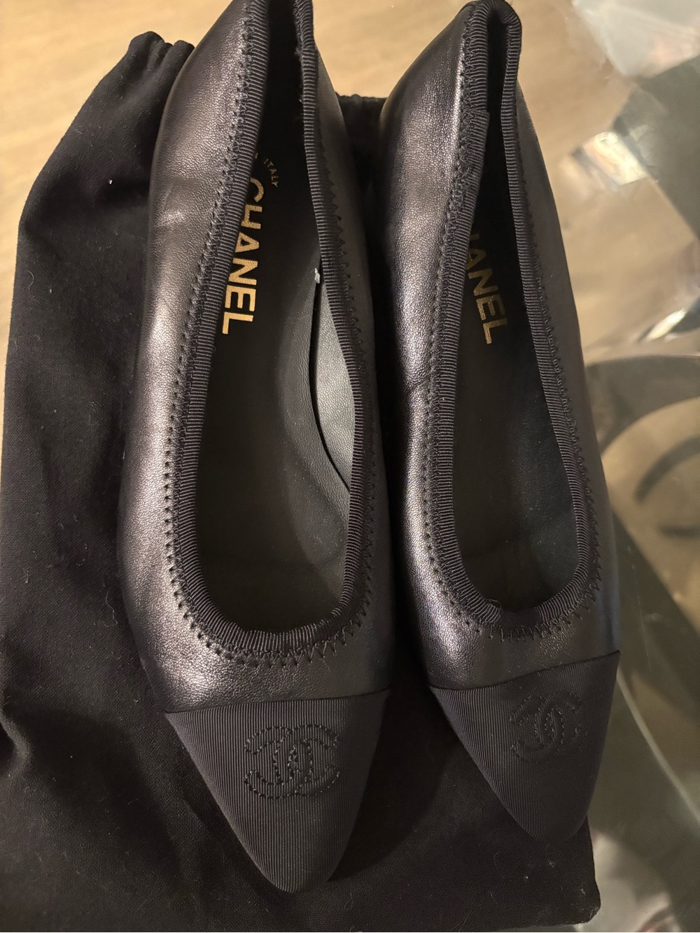CHANEL Black Pointed Toe Leather & Fabric Ballet Flats